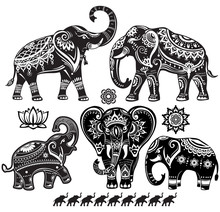 Set Of Decorated Elephants On Black