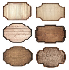 Wall Mural - set of brown wooden signboard, planks and dark frames are isolated on white background