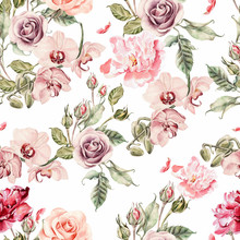 Seamless Pattern With Orchid Flowers, Roses, Peony And Leaves.