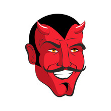 Red Devil. Red Head Merry Demon With Horns. Satan With Mustache.