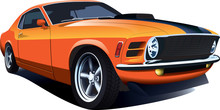 Orange 70s American Customized Muscle Car. Vector EPS10 Isolated, Separated Layers, Quick Repaint.