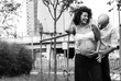Cheerful and beautiful couple expecting baby black and white