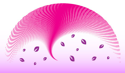 Canvas Print - Pink halftone wave with flying leafs from tree