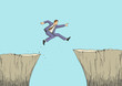 Cartoon illustration of a man jumps from the ravine