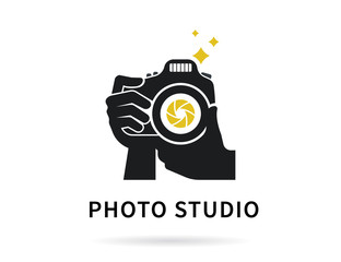 Photographer hands with camera icon or logo template. Flat illustration of lens camera shooting macro image with flash and text ideal photo