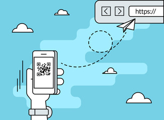 Wall Mural - man is scanning qr code via smartphone app then following the link to the webpage. flat line contour