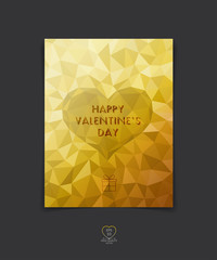 Brochure, flyer, greeting card of golden polygonal heart and bac