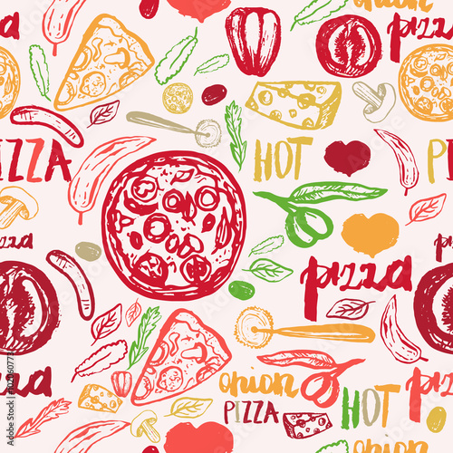 Board z aluminiowym obramowaniem Pizza ręcznie rysowane wzór z oliwki, słowa, pomidory i plastry na banery, papier pakowy.