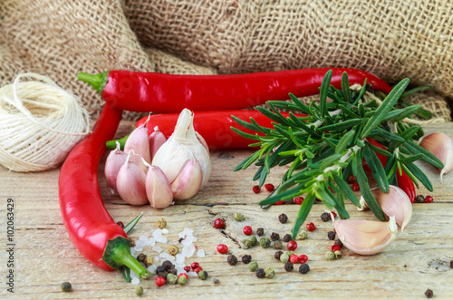 Naklejka nad blat kuchenny Condiments and spices - salt, rosemary, garlic, pink and black pepper, chilli