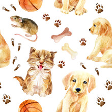 Kitten, Puppy And Mouse Seamless Pattern