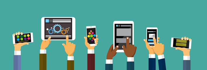 Wall Mural - group hands holding smart cell phone tablet computer, technology concept flat vector illustration