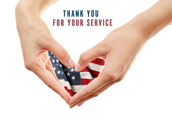 Wall Mural - Text Thank You For Your Service and USA flag in hands, USA National holiday concept