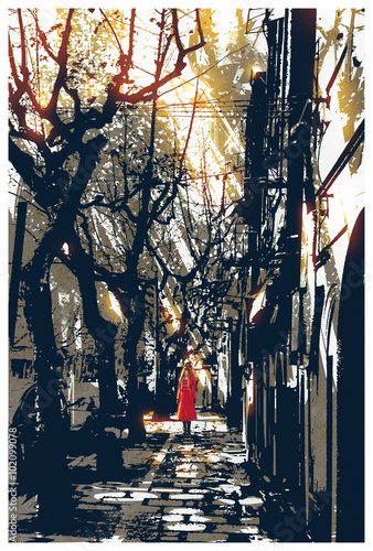 kobieta-w-czerwonym-plaszczu-stojacy-na-sciezce-w-parku-miejskim-ilustracja-malarstwo