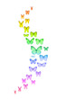 Curved group of studio photographed rainbow colored butterflies with an emphasis on the wings movement, that are gradually spreading at the center