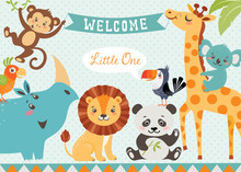 Baby Shower Design With Cute Jungle Animals. Vector Is Cropped With Clipping Mask.