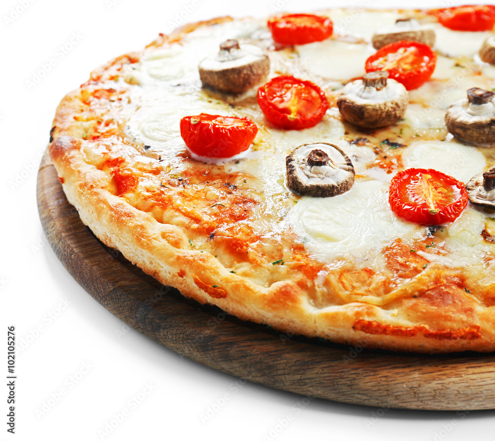 Tasty pizza decorated with mushrooms isolated on white background, close up
