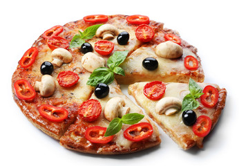 Canvas Print - Delicious sliced pizza with vegetables on white background, close up