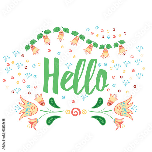 Hand Lettering Banner Hello On Sunny Hand Drawn Doodle Floral Background Template For Your Design Vector Illustration For Card Calligraphy Decorative Inspiring Word With Meadow Flowers Stock Vector Adobe Stock hand lettering banner hello on sunny