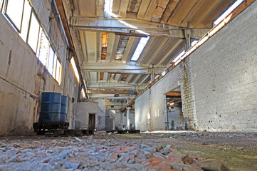  interior of an abandoned industrial warehouse