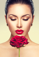 Wall Mural - beauty portrait with red rose flower