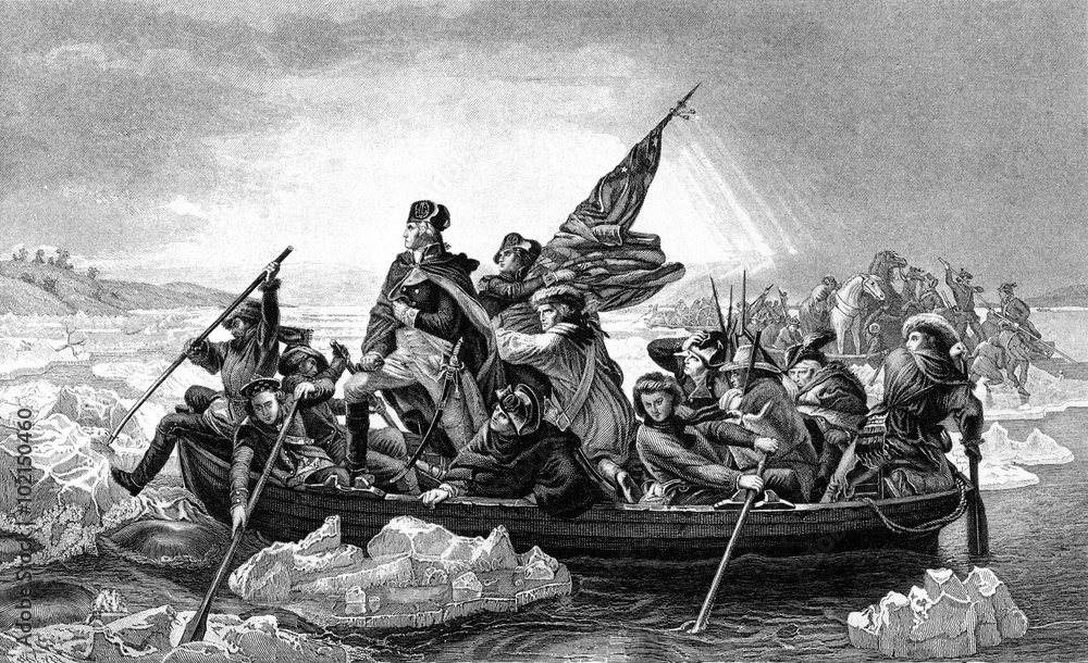 An engraved illustration of George Washington crossing the River Delaware during the American Revolutionary War, from a Victorian book dated 1886 - obrazy, fototapety, plakaty 