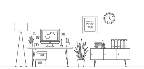 Wall Mural - Thin Line Work Space Vector Illustration with Table, Laptop, etc