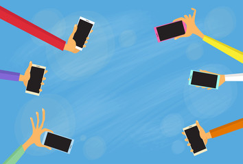 Wall Mural - hands group hold colorful smart phones copy space flat vector illustration