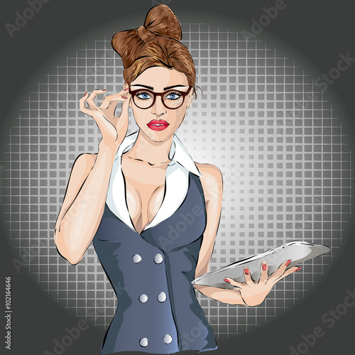 Naklejka na szybę Pin-up sexy business woman portrait with laptop or tablet
