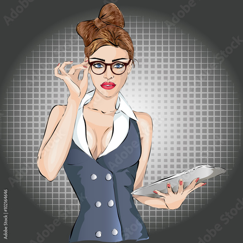 Naklejka na szafę Pin-up sexy business woman portrait with laptop or tablet