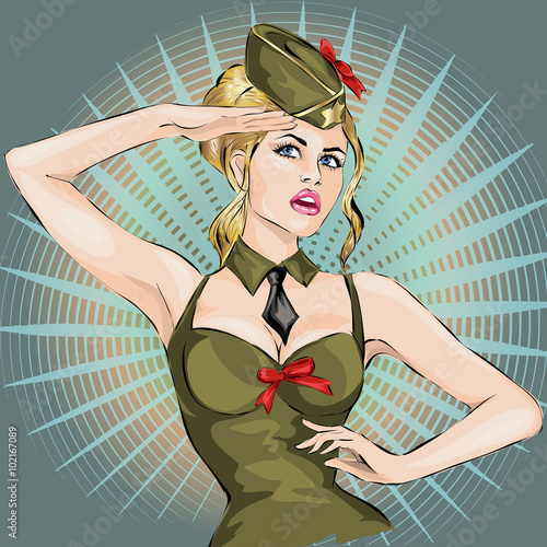 Fototapeta na wymiar Pin-Up Sexy girl in military uniform saluting 23 February