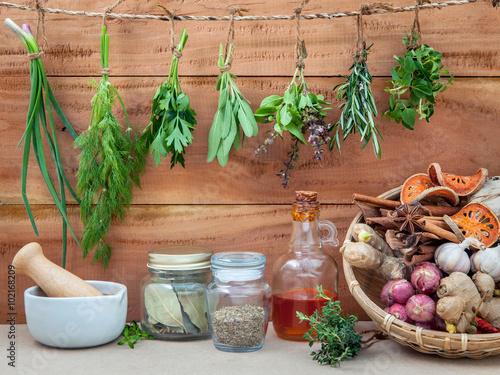 Naklejka na szybę Assorted hanging herbs ,parsley ,oregano,sage,rosemary,sweet bas