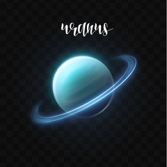 Realistic glowing Uranus planet Isolated. Glow with transparency on black background. Lighting effects. Glowing planet. Realistic space object. Universe. Solar system. Planet for design. Space