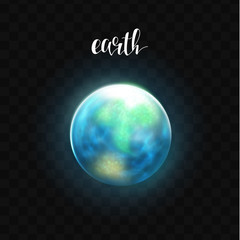 realistic glowing earth planet isolated. glow with transparency on black background. lighting effect