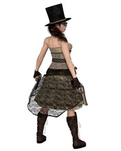 Steampunk Woman With Stovepipe Hat And Two Revolvers, Back View - Fantasy Illustration