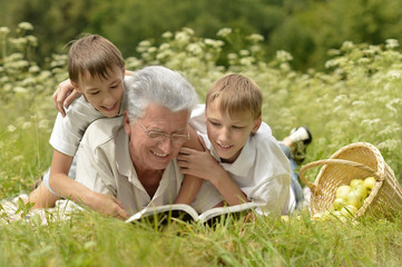 Poster - Family with book on summer grass