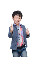 Young Asian boy smiles over white