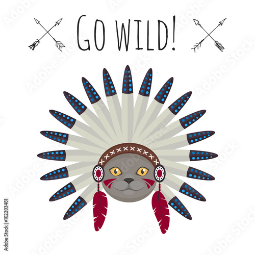 kot-w-indianskiej-czapce-w-tle-napis-go-wild
