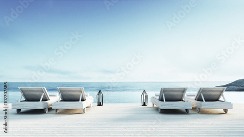 Cuadros en Lienzo Beach lounge - Sundeck on Sea view / 3d render