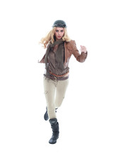 Young Blonde Woman In A Steampunk Outfit, Action Hero Pose. Isolated On White Background.