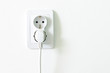 European white electrical outlet socket pluged in on white wall