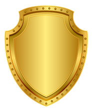 Empty Gold Shield. Blank Metal Badge With Rivets