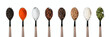 Spoons with spices on white background