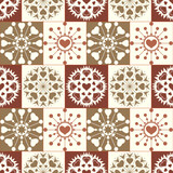 Fototapeta Kuchnia - Christmas seamless pattern of heart snowflakes. New Year, Valentine day, birthday texture. Gold, green, yellow, white colored signs on checked background. Winter theme. Vector