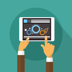 Wall Mural - hands holding tablet computer developer mobile application technology flat design vector illustratio