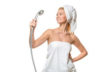 Woman In Towel Singing Using Shower Head  