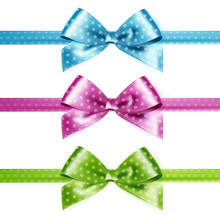 Set Of Isolated Pink, Green And Blue Photorealistic Silk Polka Dots Bows  