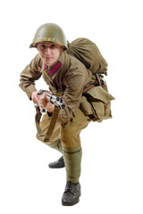 Wall Mural - young Soviet soldier with  rifle on the white background