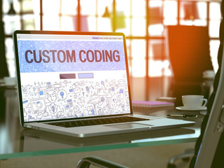 Wall Mural - modern workplace with laptop showing landing page in doodle design style with text custom coding. to