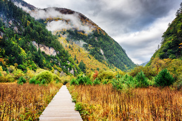 Wall Mural - Wooden boardwalk leading to mountains, Jiuzhaigou National Park