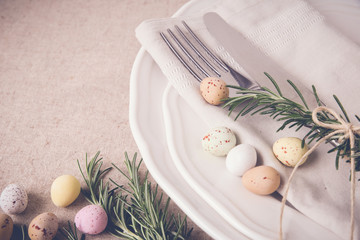 Wall Mural - Easter table setting copyspace background, selective focus, toning